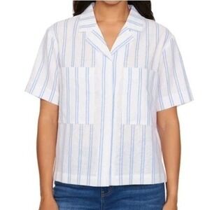 BUFFALO DAVID BITTON Linen Blend Striped Blouse S 4-6 Coastal Blue White Top NWT